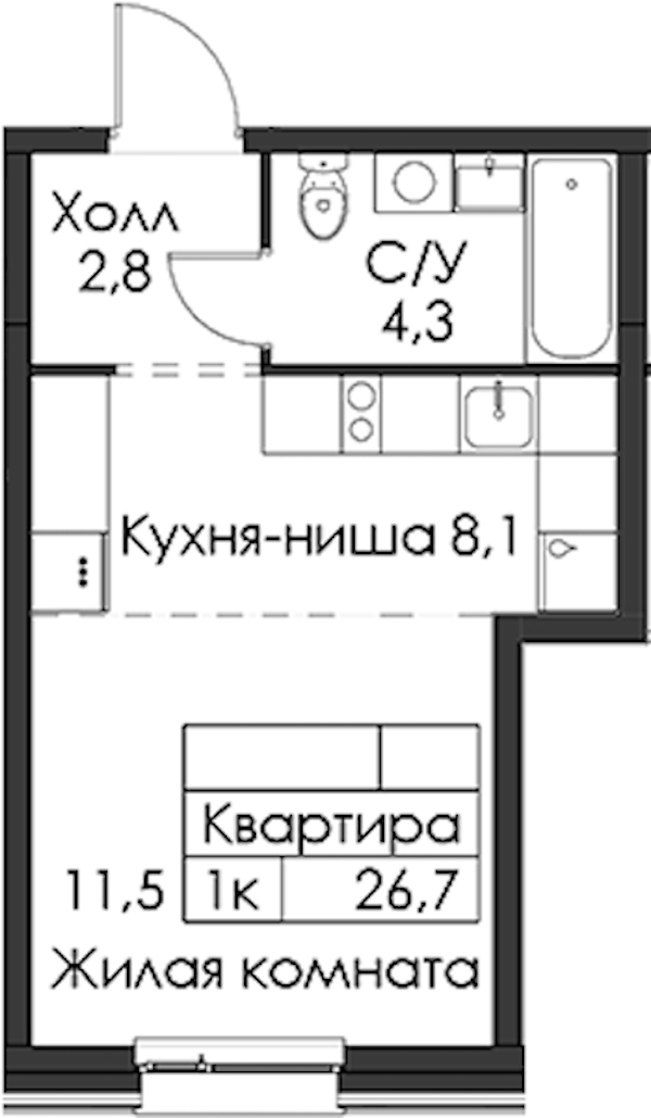 Квартира студия 26.7 м², 8/12 эт., ЖК «Шкиперский 19»
